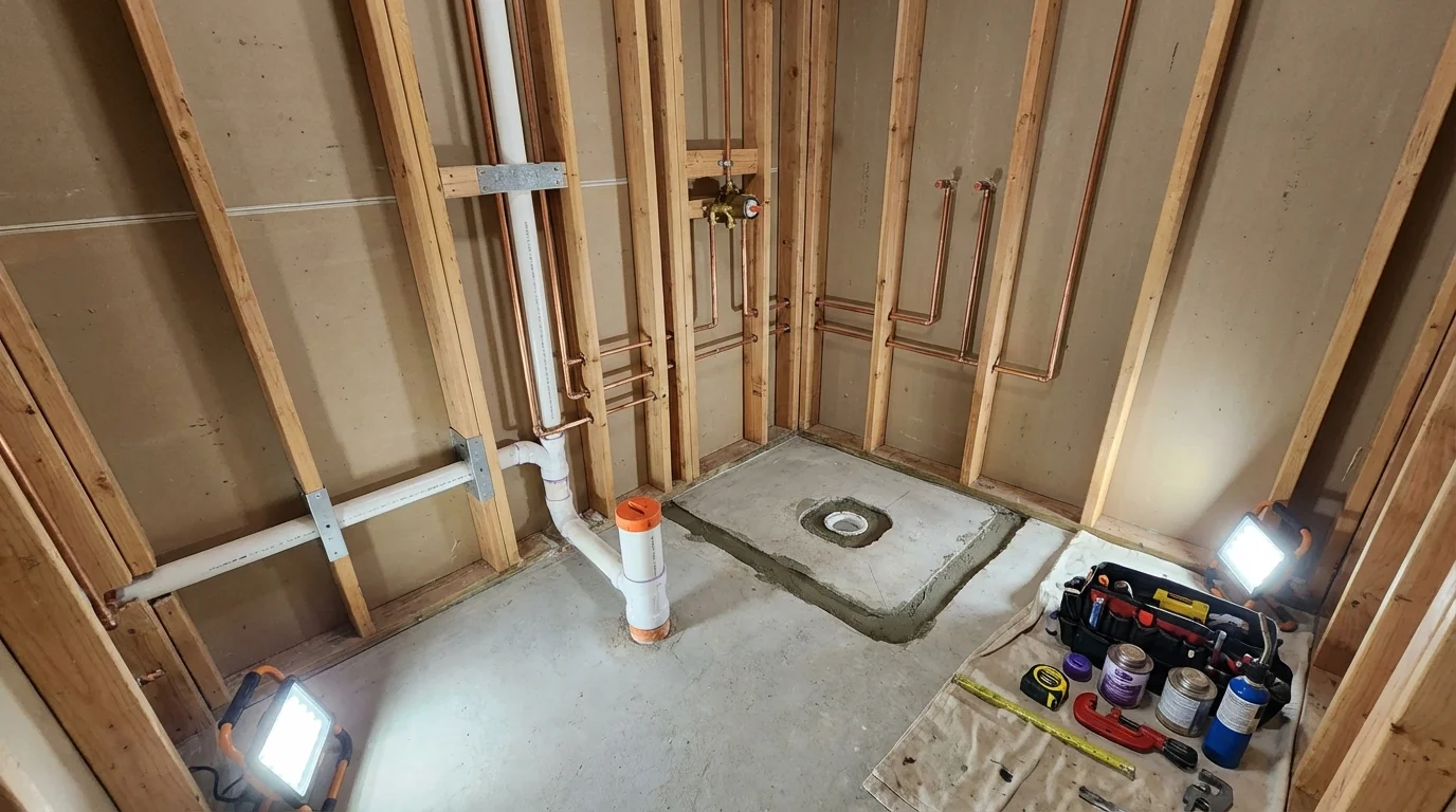 Bathroom rough-in plumbing during remodel by Johns Plumbing LLC in Island Heights
