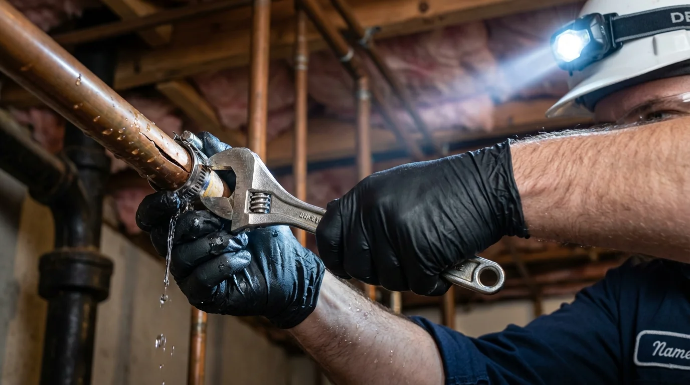 Emergency pipe clamp repair being performed by a Johns Plumbing LLC plumber in Island Heights