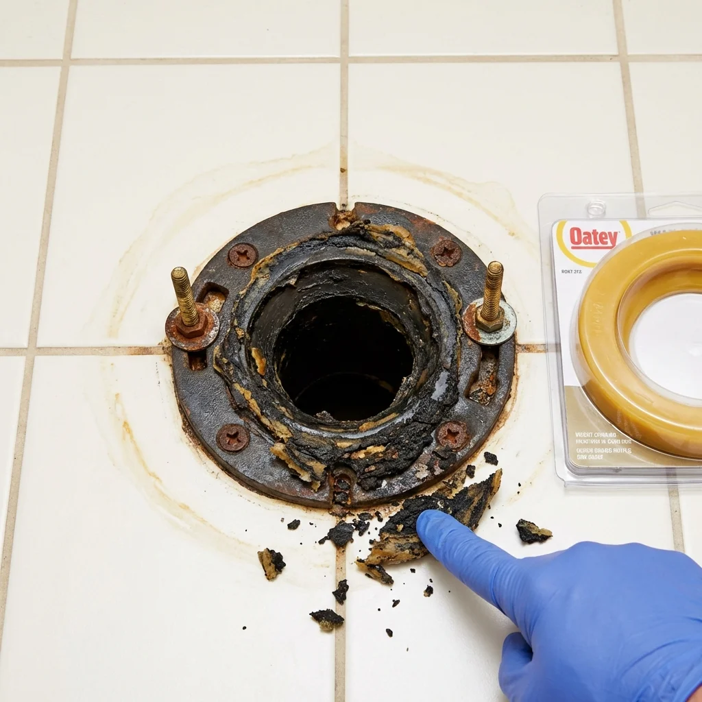 Failed wax ring showing water seepage at the base of a toilet in a Island Heights, NJ home