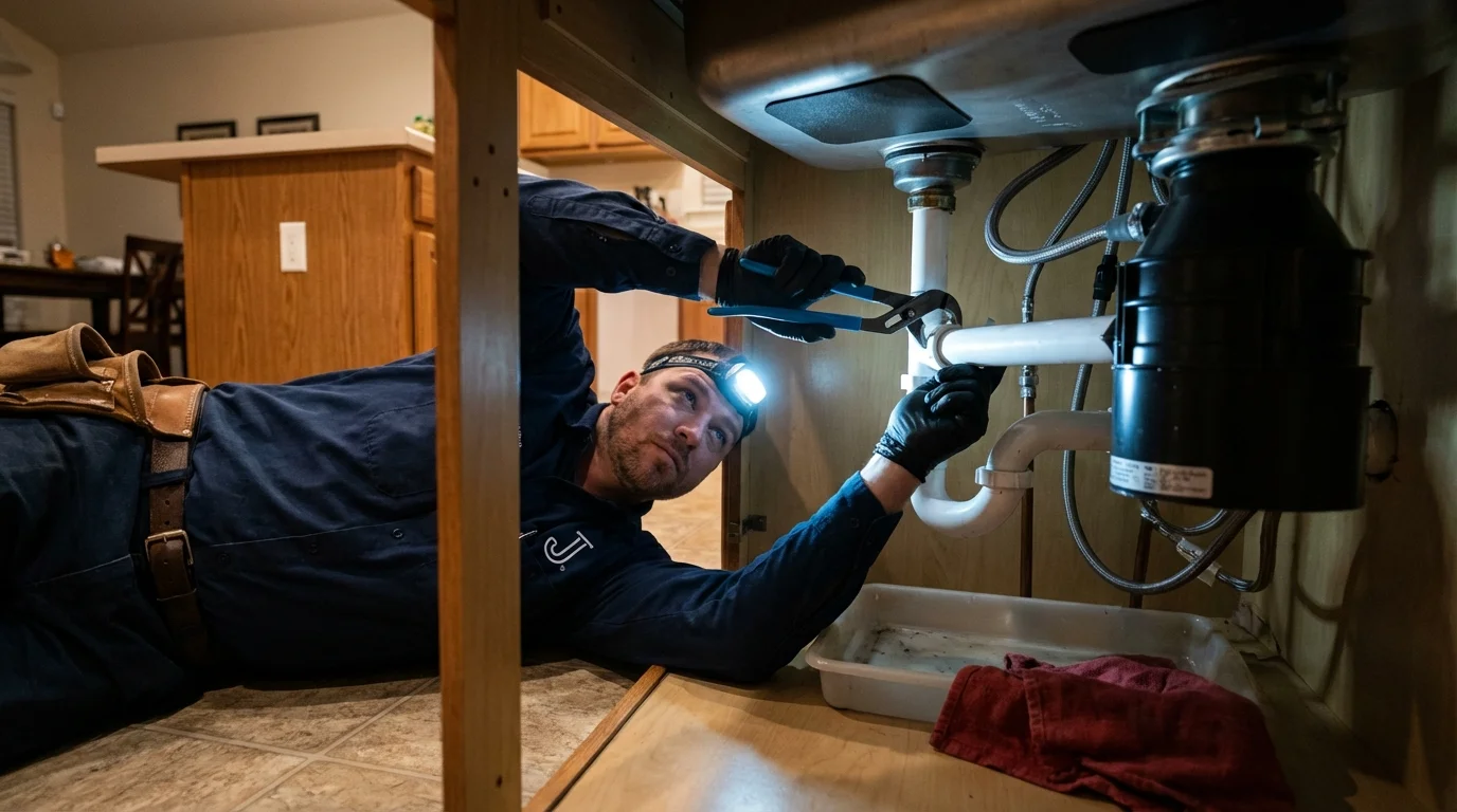 P-trap and supply line connections under a kitchen sink showing a common leak point in Island Heights, NJ